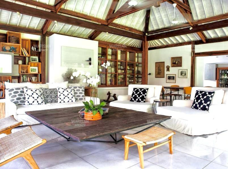 living room with indonesian wood