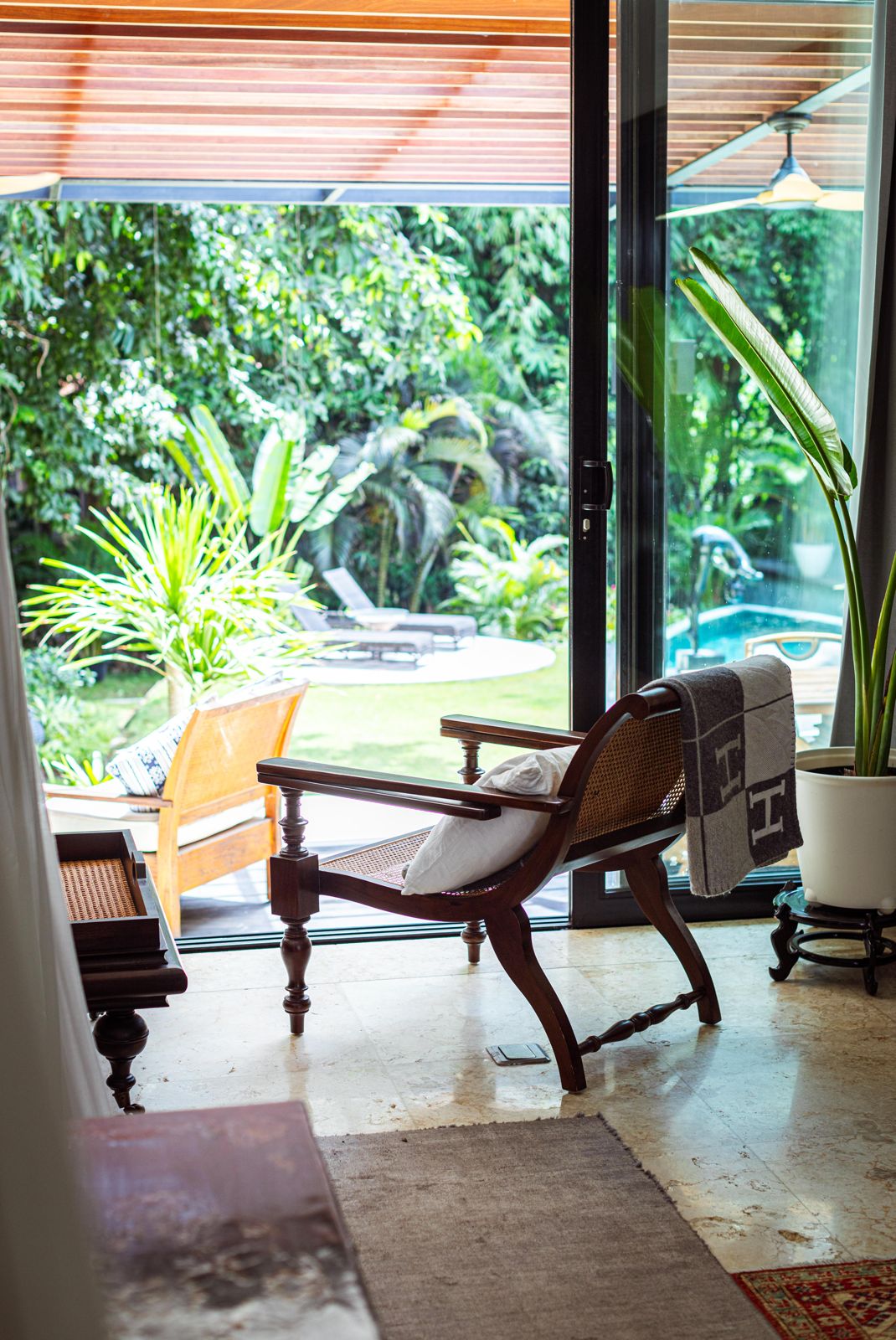 master bedroom with garden swimming pool view