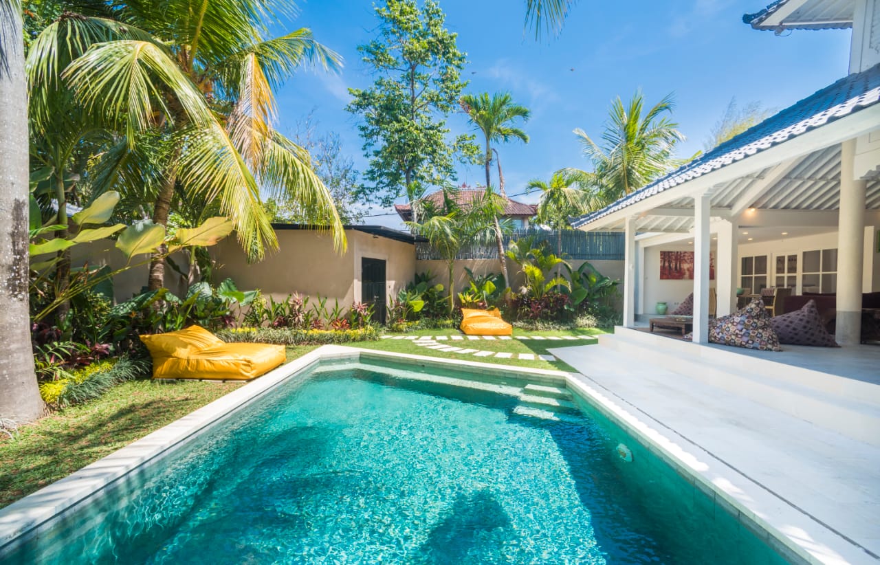 big swimming pool in a lush garden