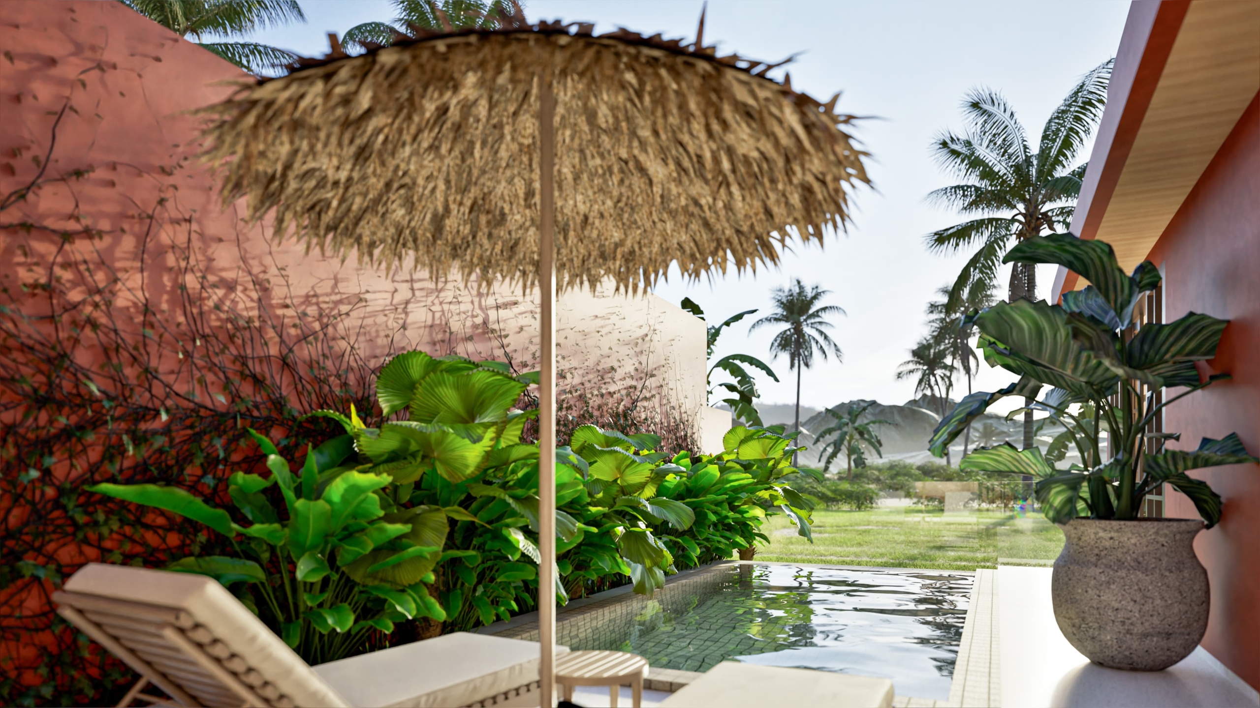 Relaxation area by the pool with an unobstructed view