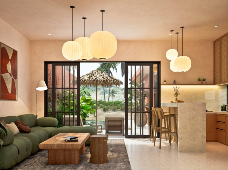 View from the living room of the pool and the magnificent view of the rice fields