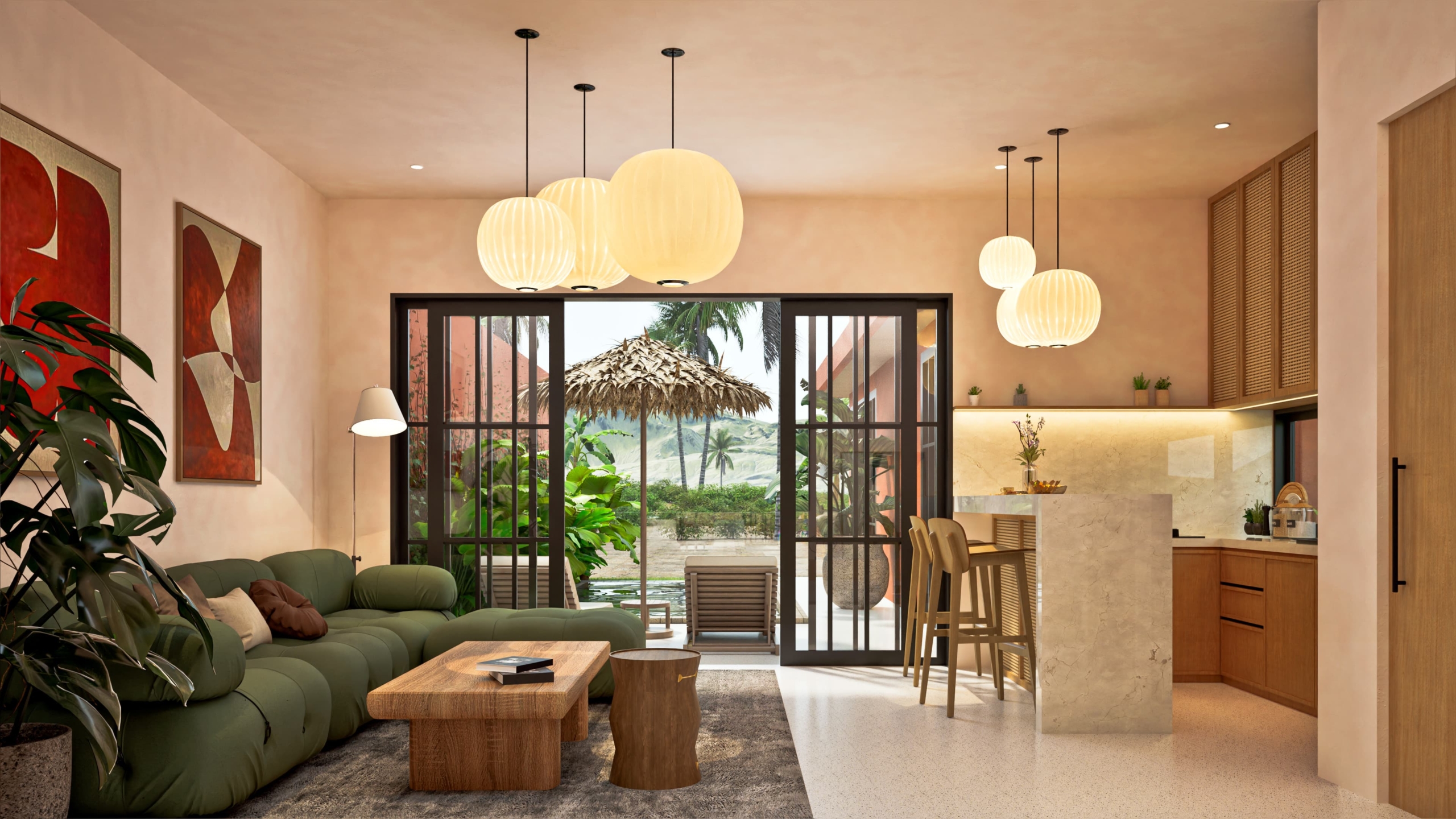View from the living room of the pool and the magnificent view of the rice fields
