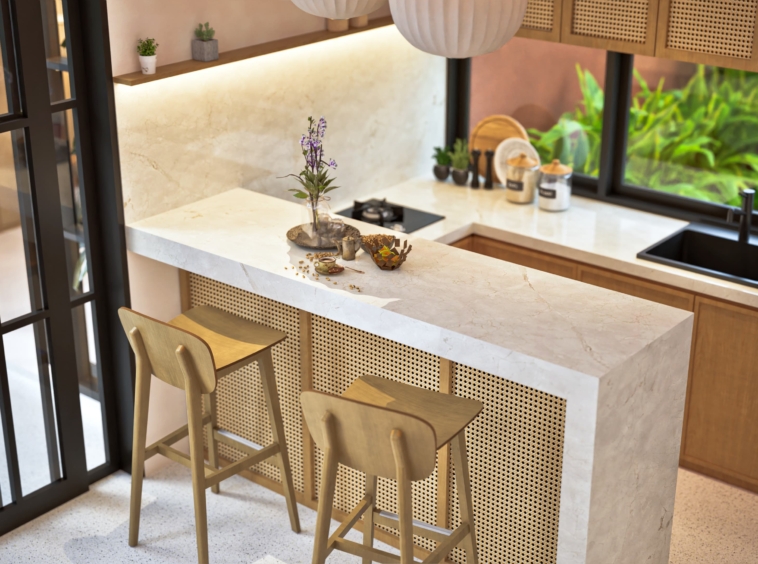 Highly functional kitchen open to the magnificent living room