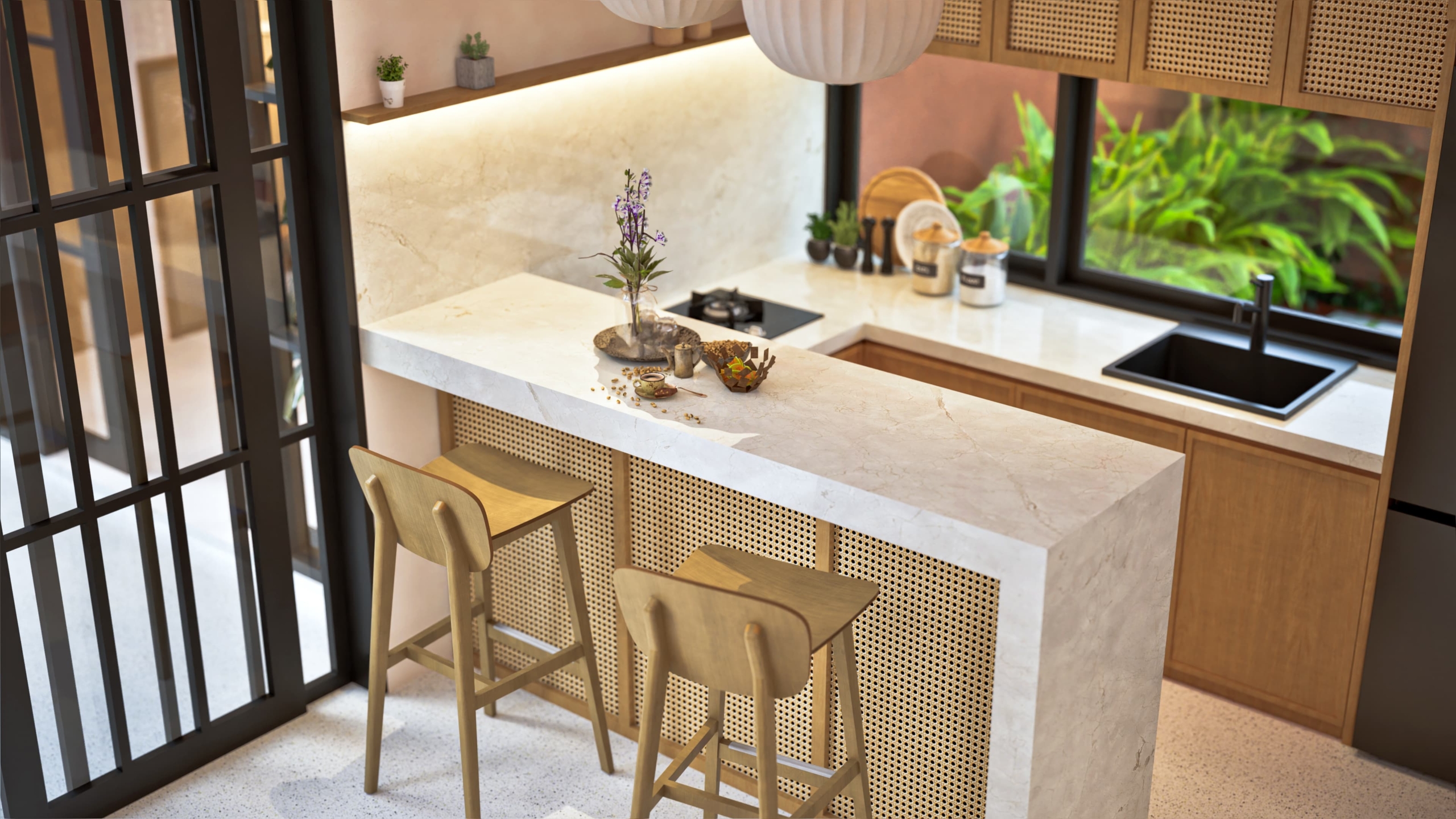 Highly functional kitchen open to the magnificent living room