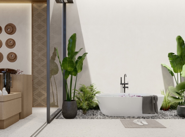 open bathroom with bathtube