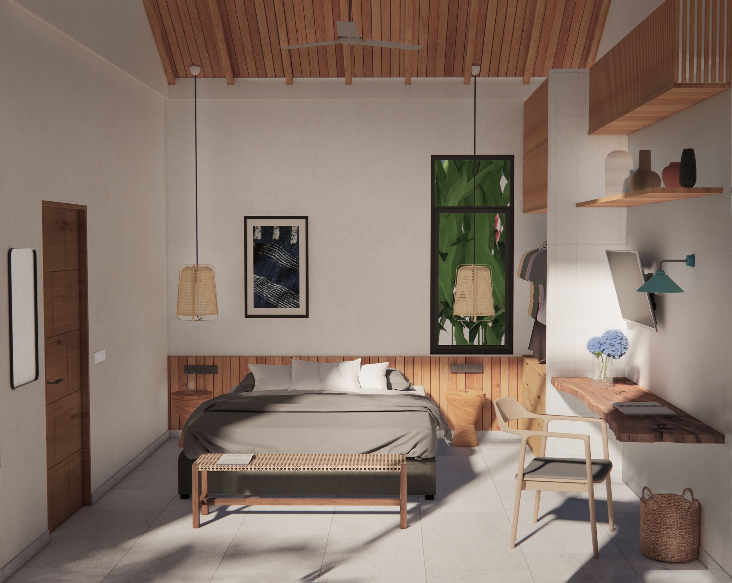 Cozy bedroom with a blend of wood and noble materials