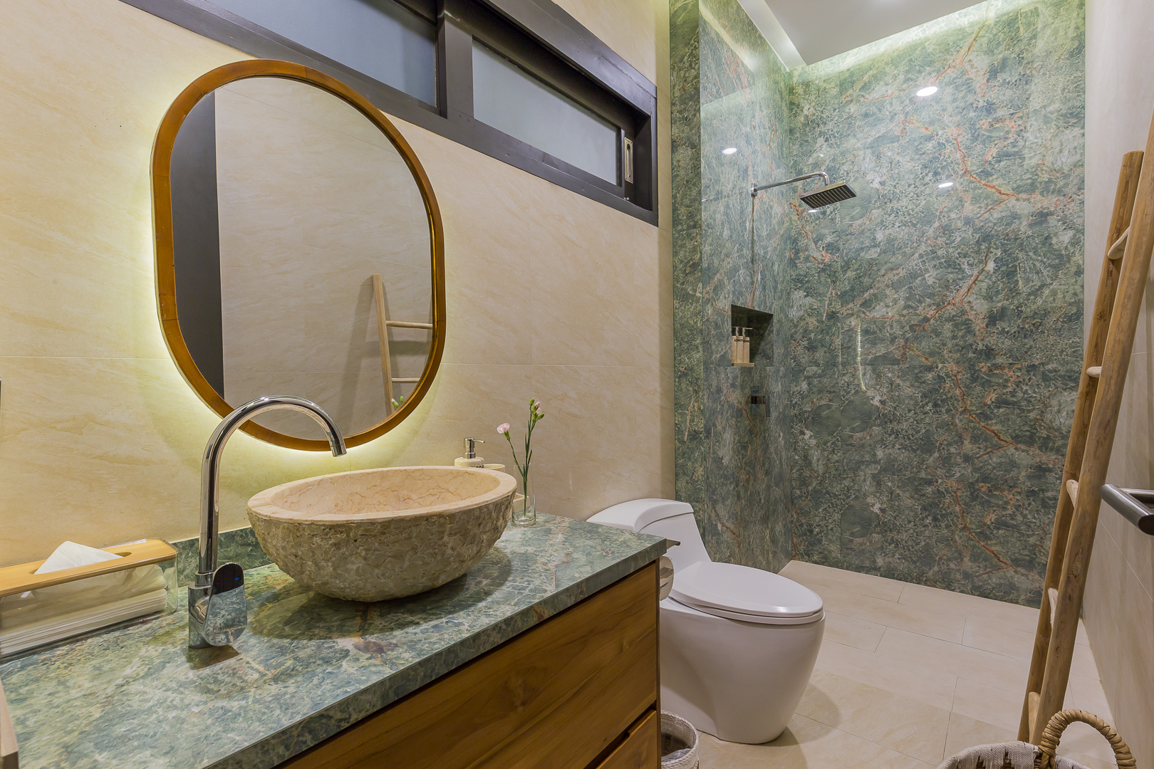 Ensuite bathroom with green marble shower in Luxury 3 Bedrooms Villa in Prime Umalas