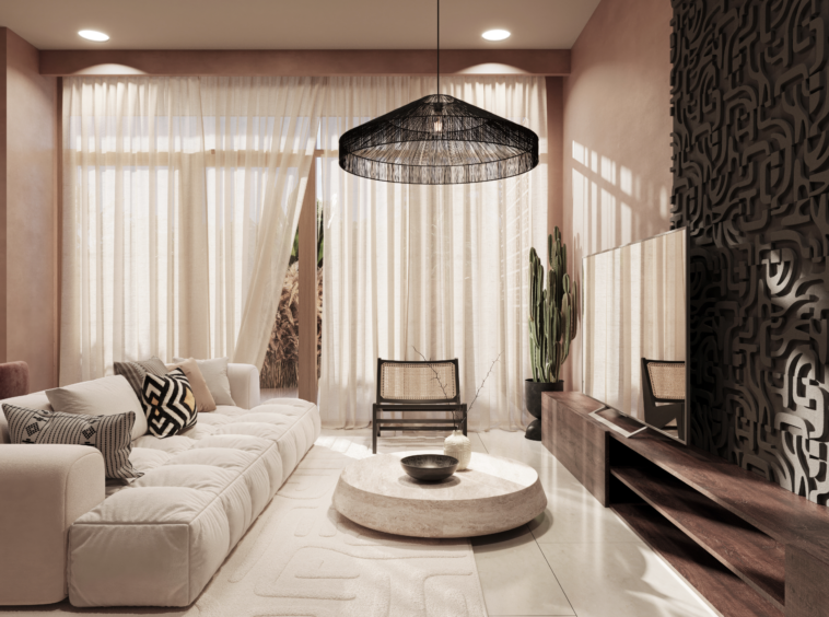 Designer living room with dark textured wall and minimalist decor
