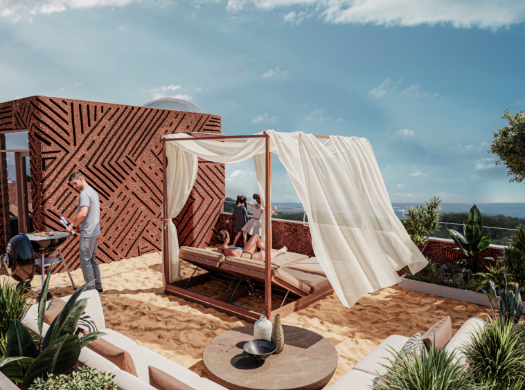 Rooftop terrace with daybed, BBQ, and panoramic ocean view