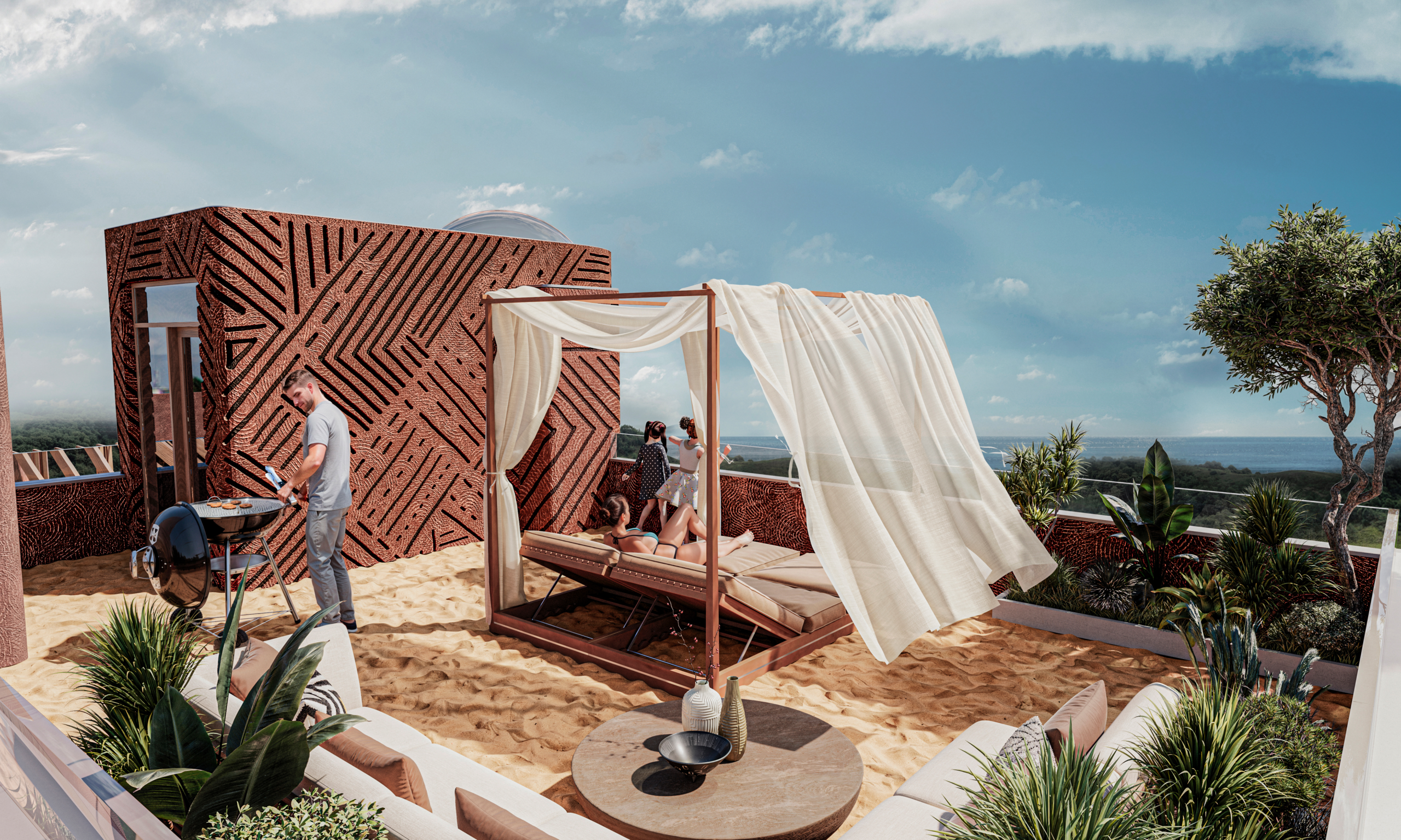 Rooftop terrace with daybed, BBQ, and panoramic ocean view