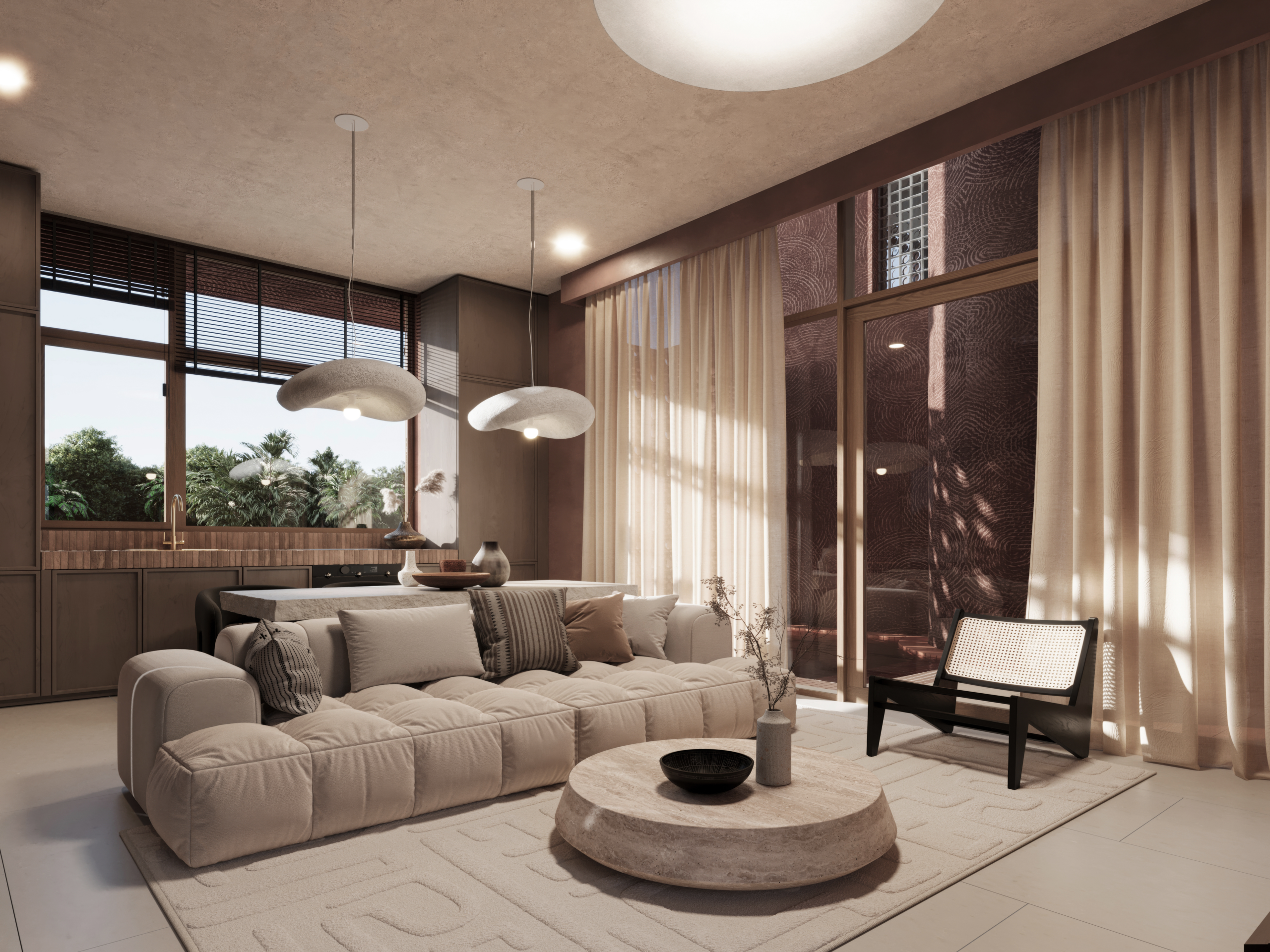 Bright living room with beige sofa and open kitchen overlooking tropical greenery