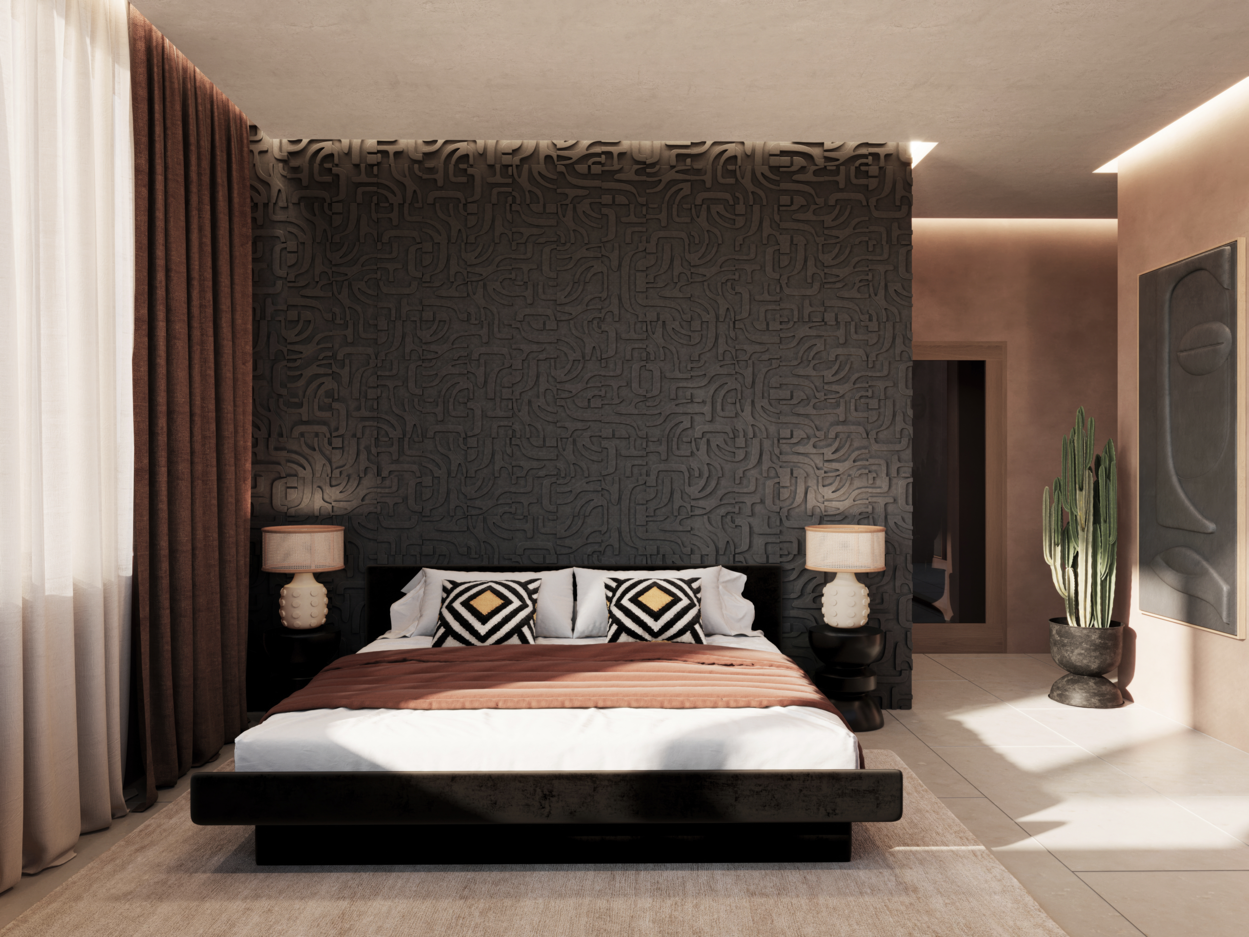 Bright bedroom with integrated desk and view of palm trees