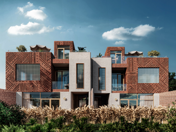 Modern building façade with geometric terracotta textures