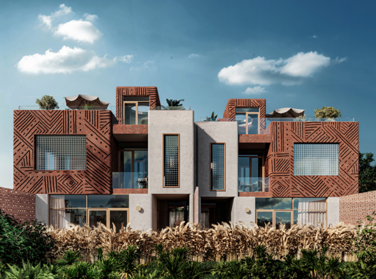 Modern building façade with geometric terracotta textures