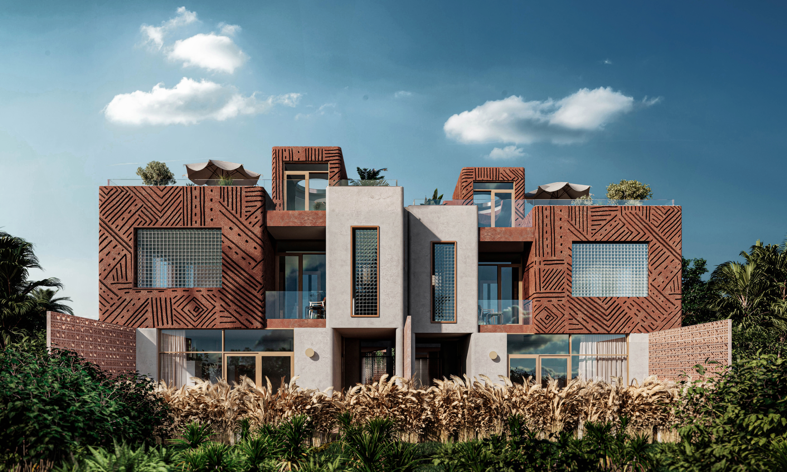 Modern building façade with geometric terracotta textures