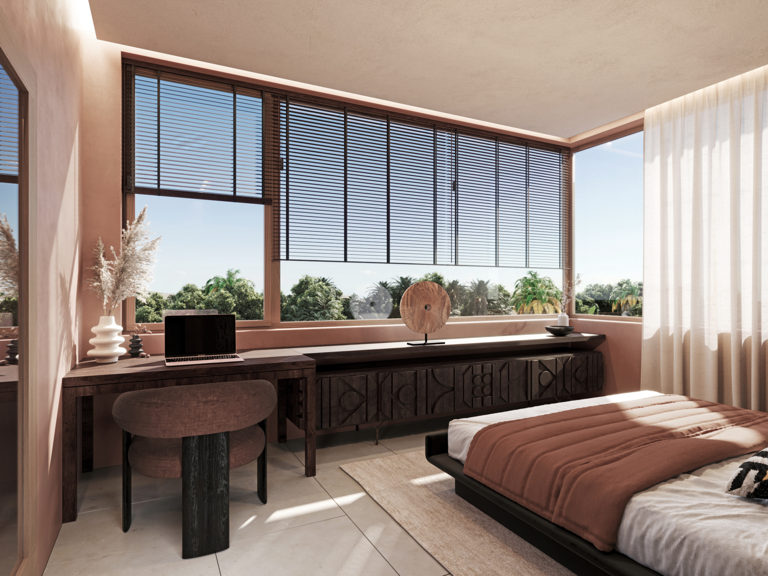 Bright bedroom with integrated desk and view of palm trees