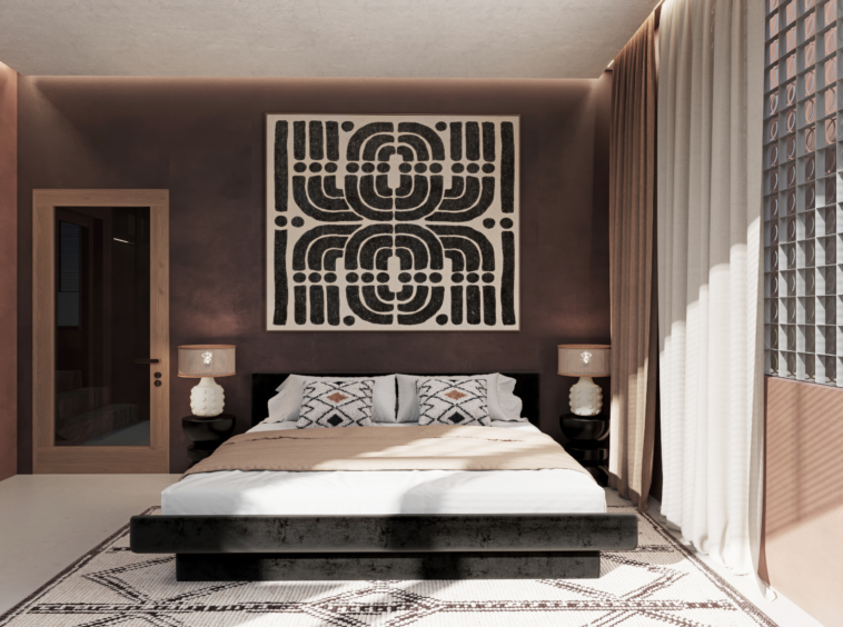 Modern double bedroom with patterned wall art and soft lighting