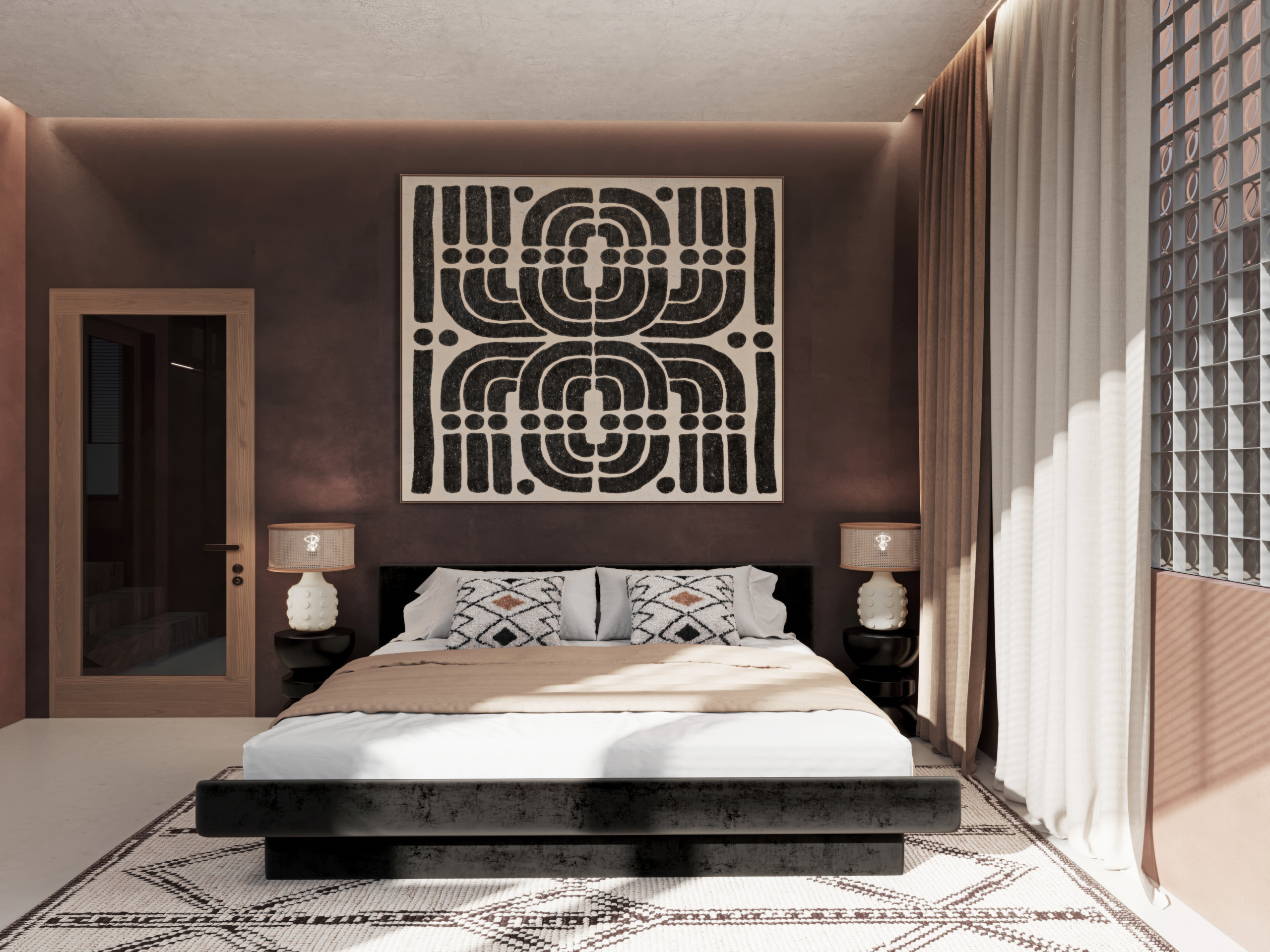 Modern double bedroom with patterned wall art and soft lighting